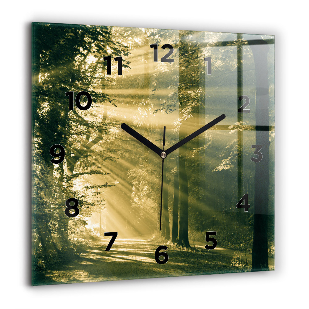 Horloge carrée en verre 60x60 cm Rayons de soleil Forêt