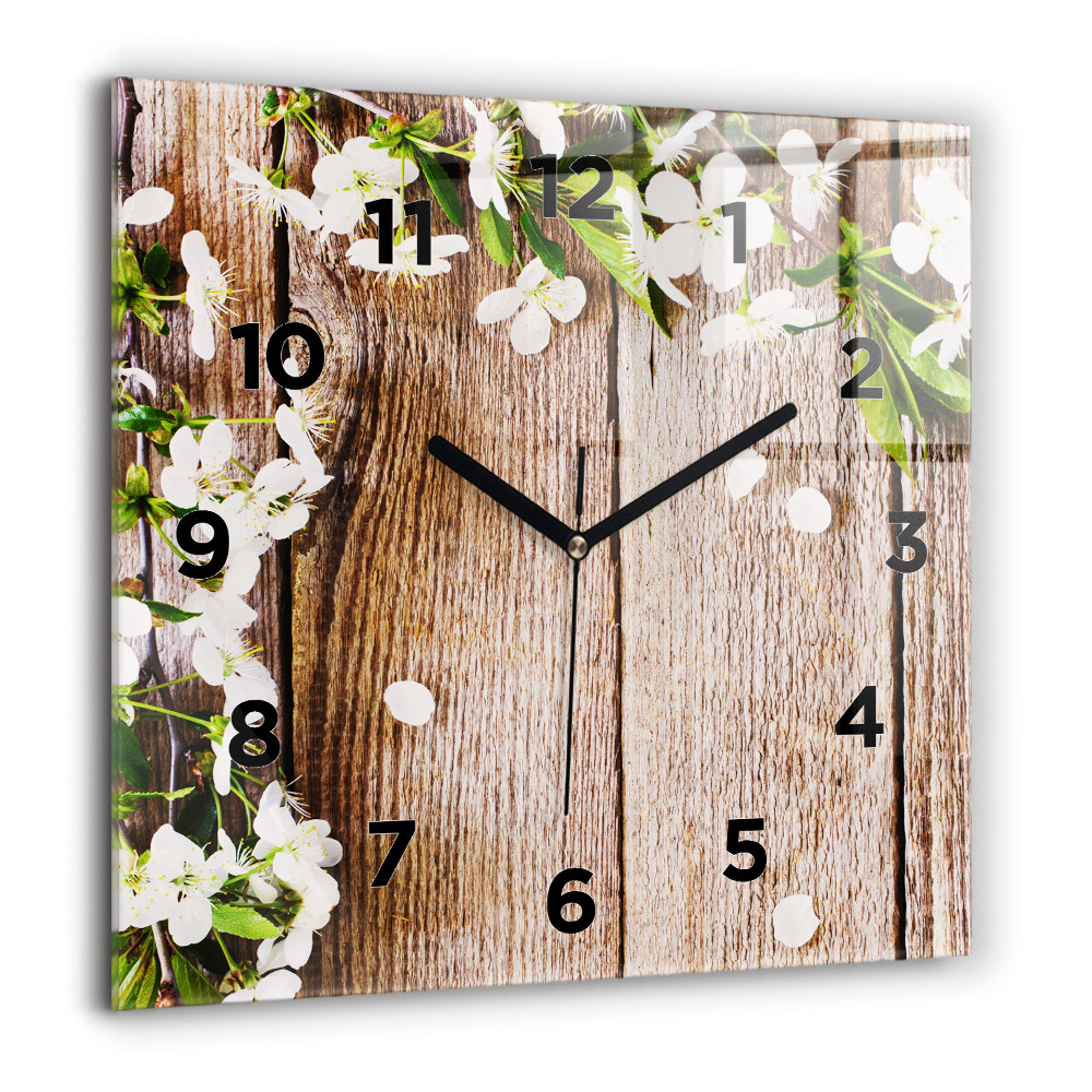 Horloge carrée en verre 60x60 cm Fleurs sur bois
