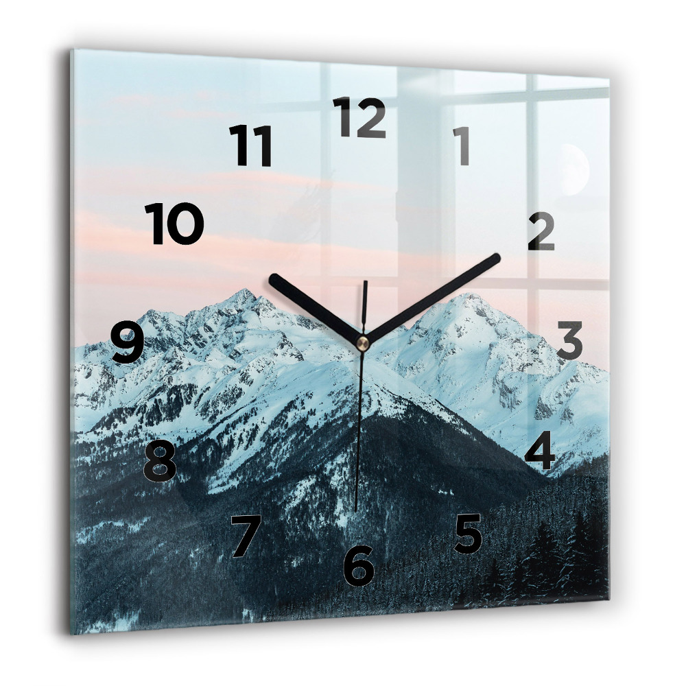 Horloge carrée en verre 60x60 cm Chaîne de montagnes en hiver