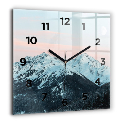 Horloge carrée en verre 60x60 cm Chaîne de montagnes en hiver