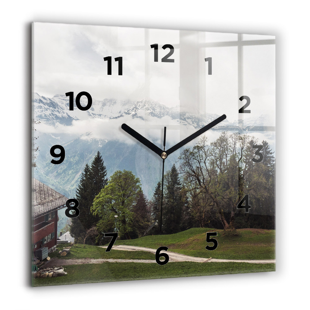 Horloge carrée en verre 60x60 cm Vue de la montagne