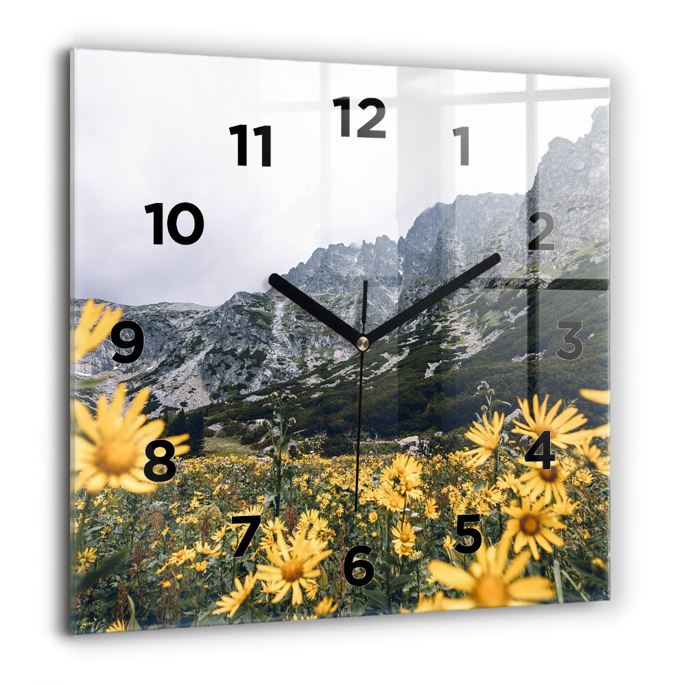 Pendule carrée en verre 60x60 cm Prairie de fleurs dans les montagnes