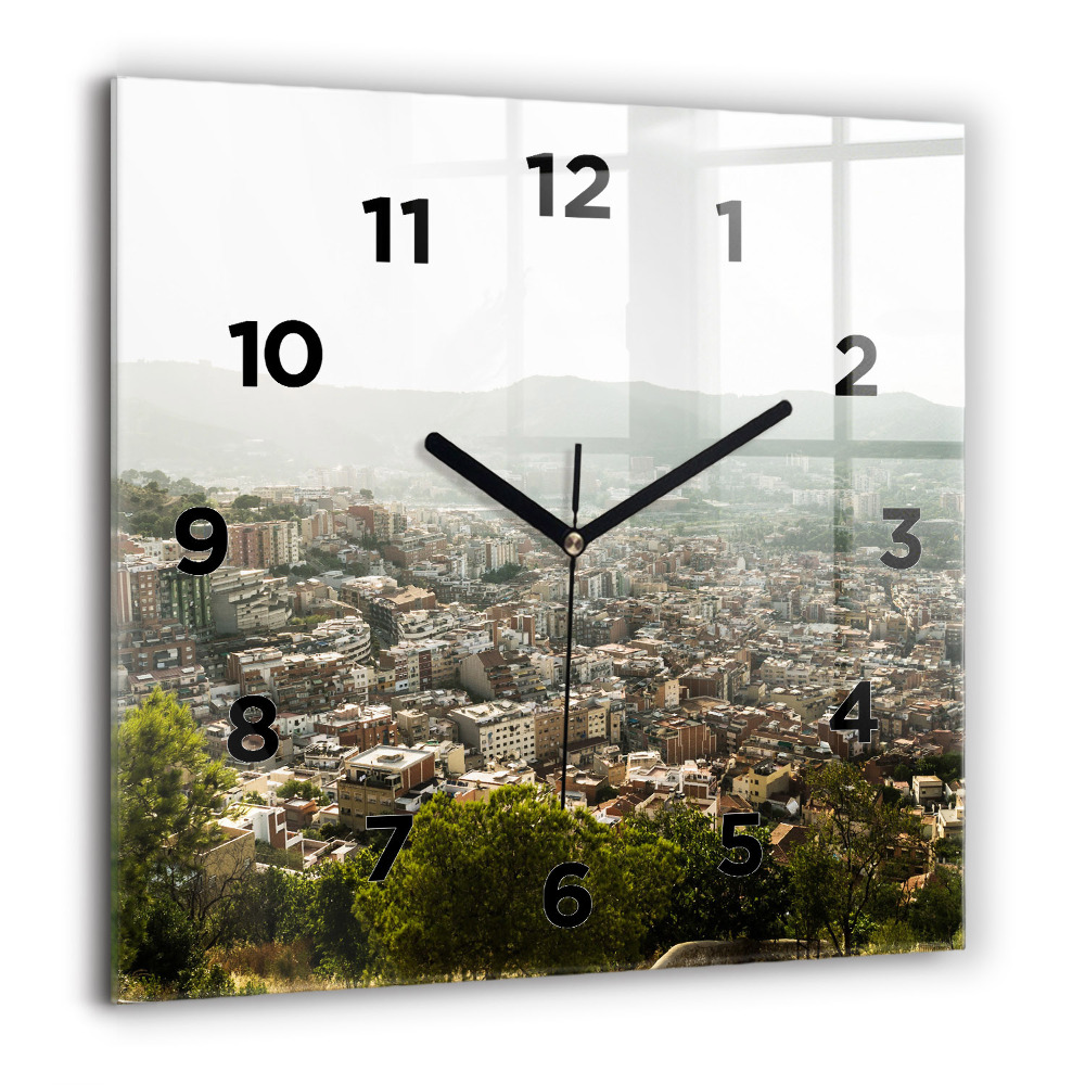 Horloge carrée en verre 60x60 cm Vue de Montjuic à Barcelone