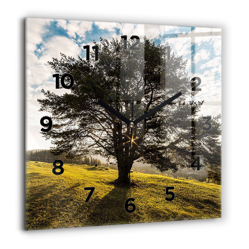 Horloge carrée en verre 60x60 cm Arbre sur une colline
