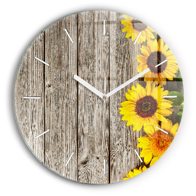 Horloge ronde en verre Tournesols sur planches