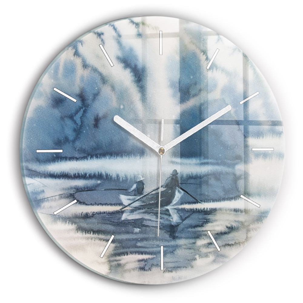 Horloge ronde en verre Lac d'hiver Bateau