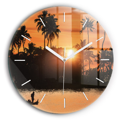 Horloge ronde en verre Coucher de soleil et palmiers
