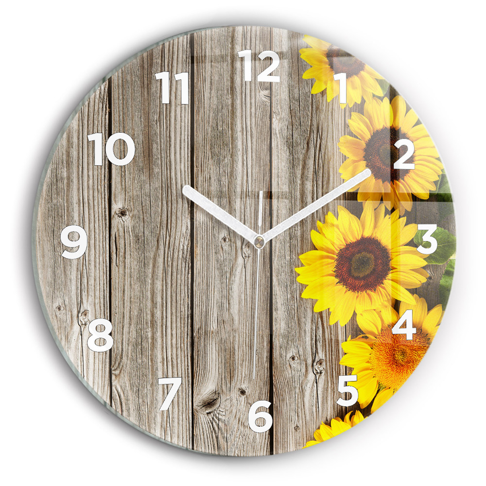 Horloge ronde en verre Tournesols sur planches