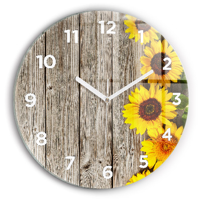 Horloge ronde en verre Tournesols sur planches