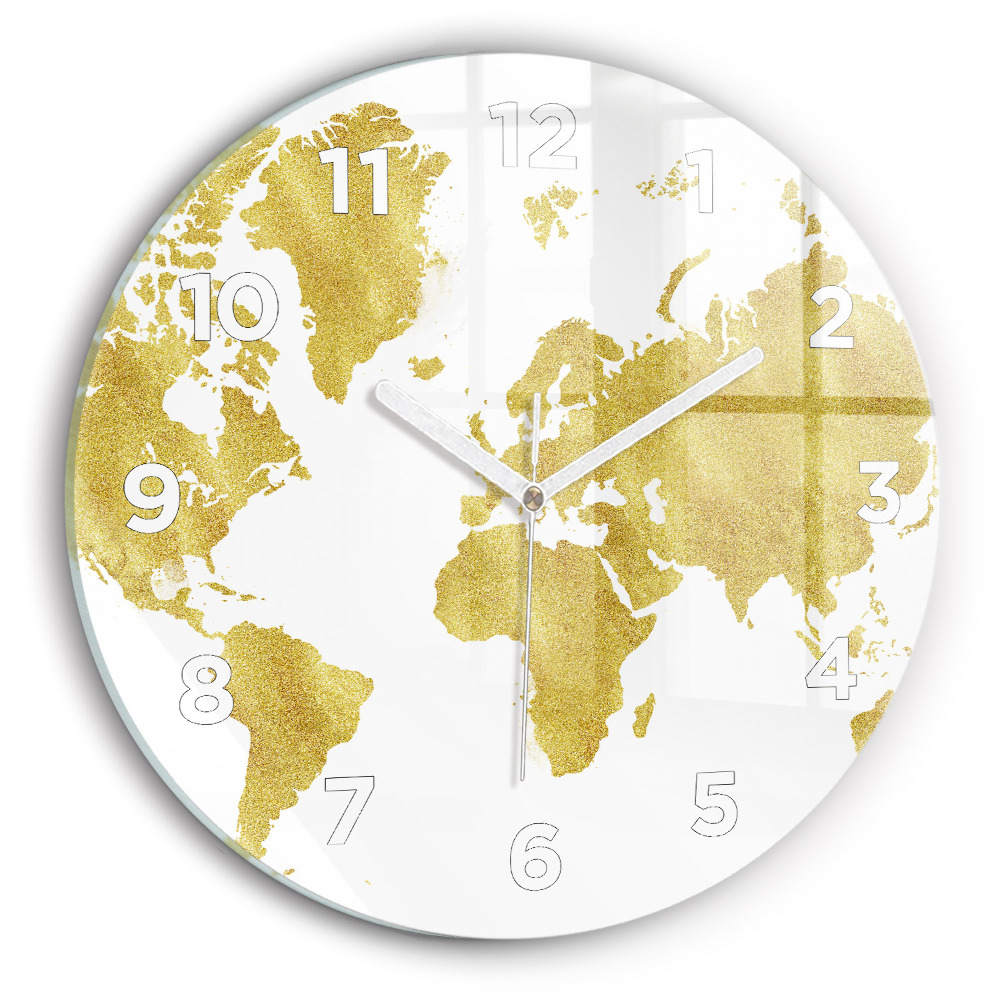 Horloge ronde en verre Carte du monde en or