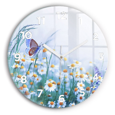 Horloge ronde en verre Papillon dans une prairie