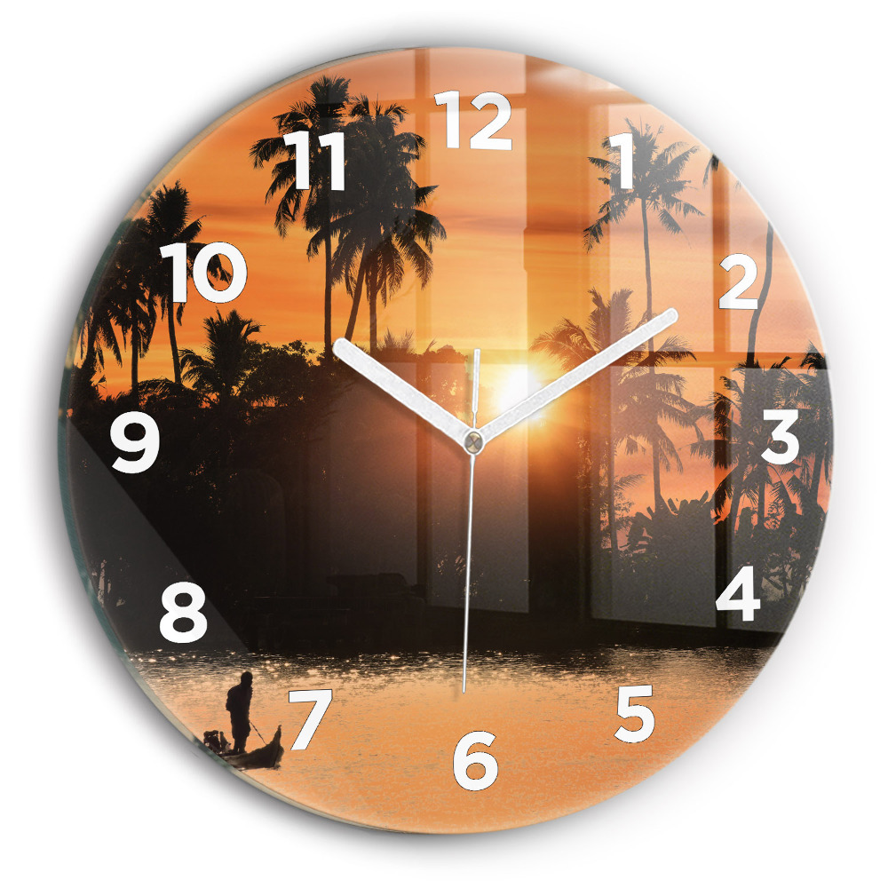 Horloge ronde en verre Coucher de soleil et palmiers