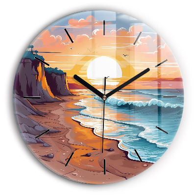 Océan et soleil de conte de fées Horloge ronde en verre