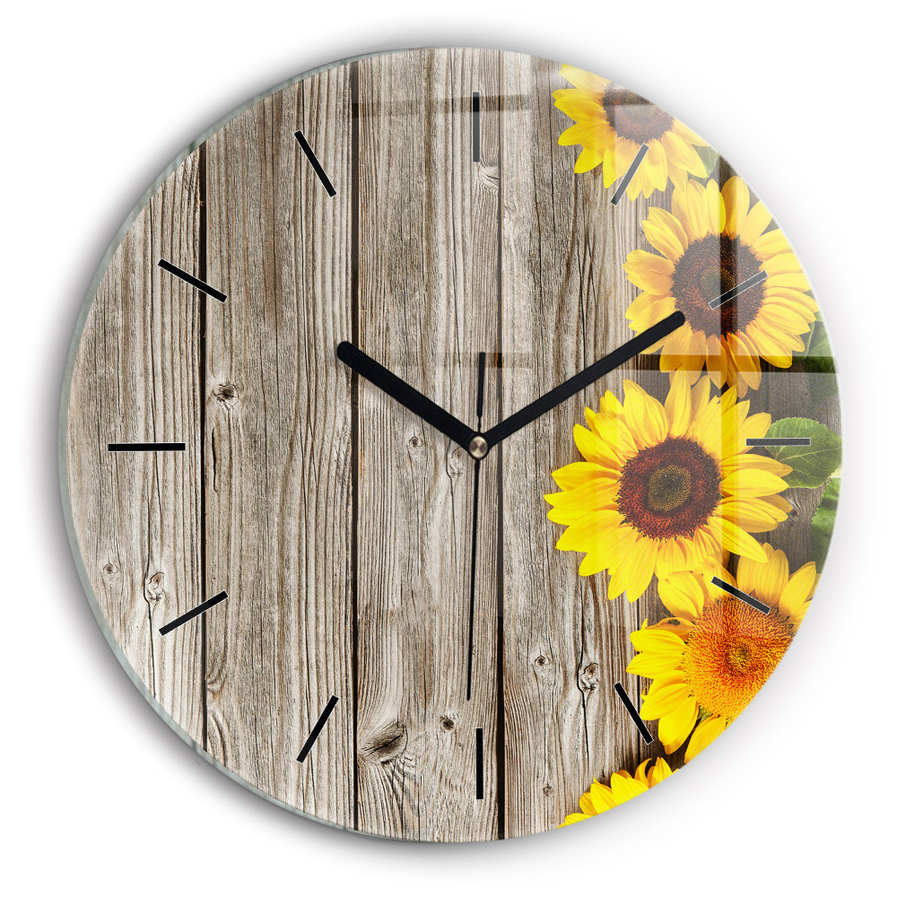 Tournesols sur planches Horloge ronde en verre