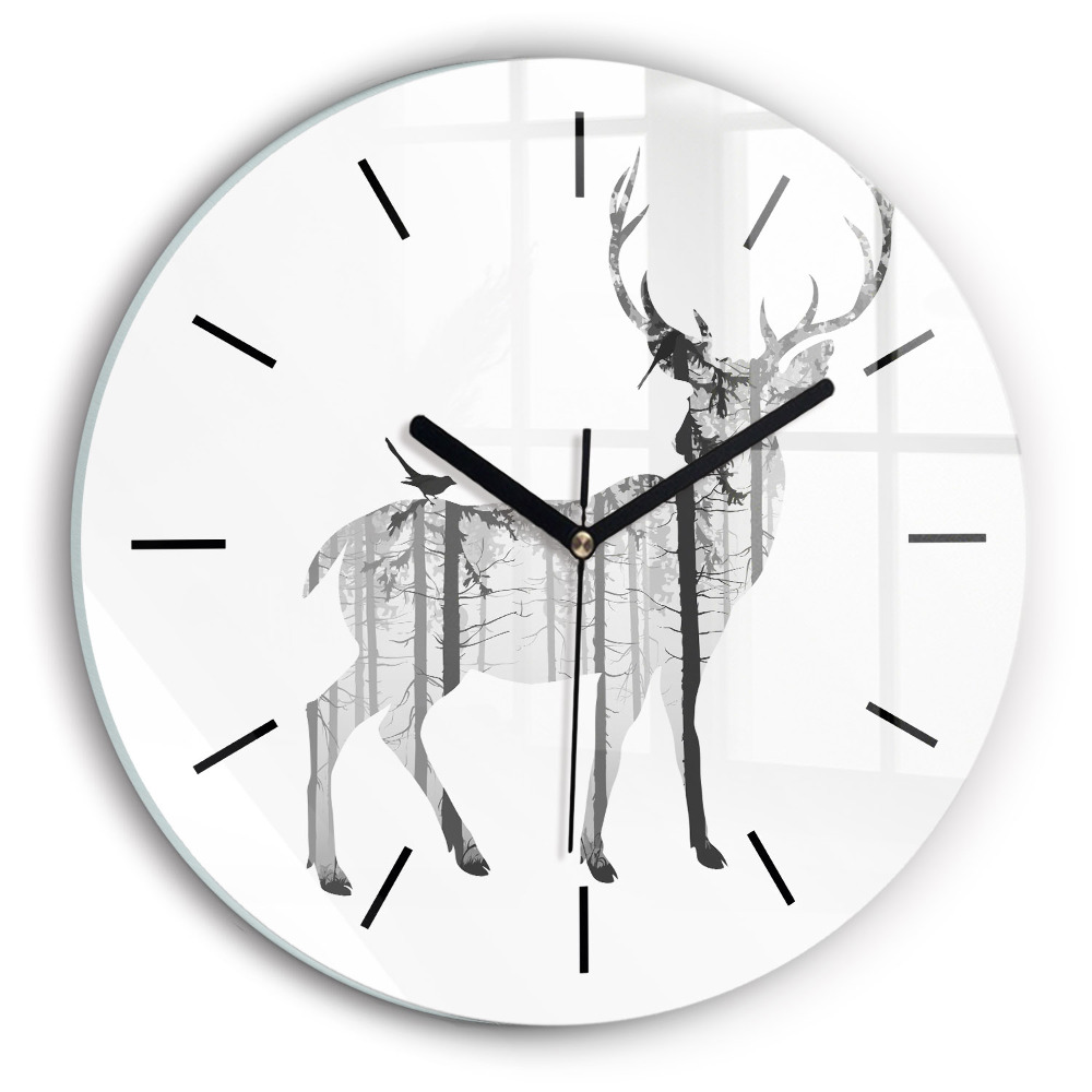 Silhouette d'un cerf Forêt Horloge ronde en verre
