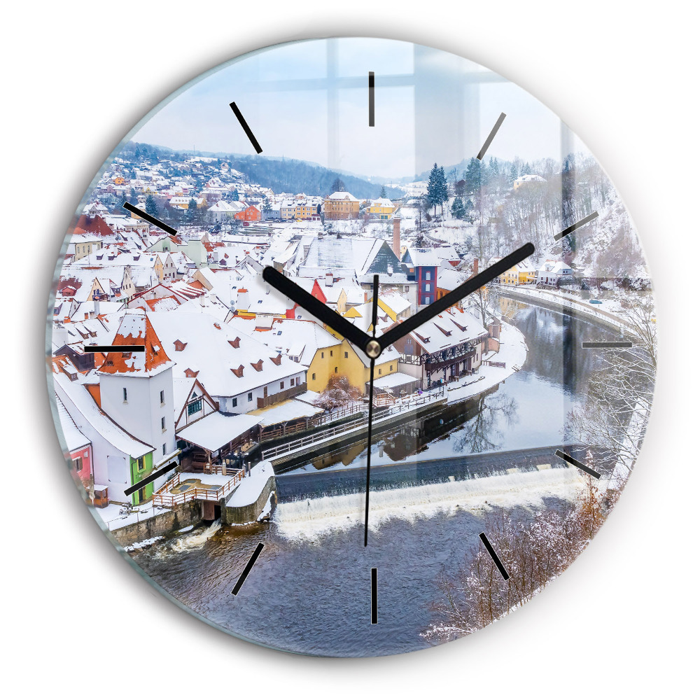 Panorama d'une ville en hiver Horloge ronde en verre
