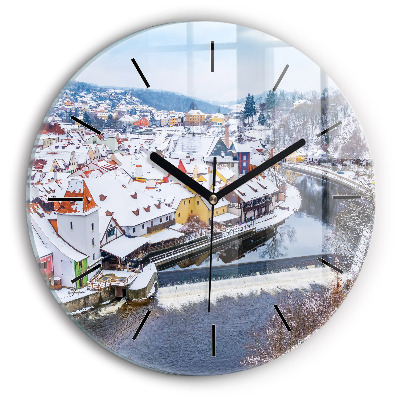 Panorama d'une ville en hiver Horloge ronde en verre