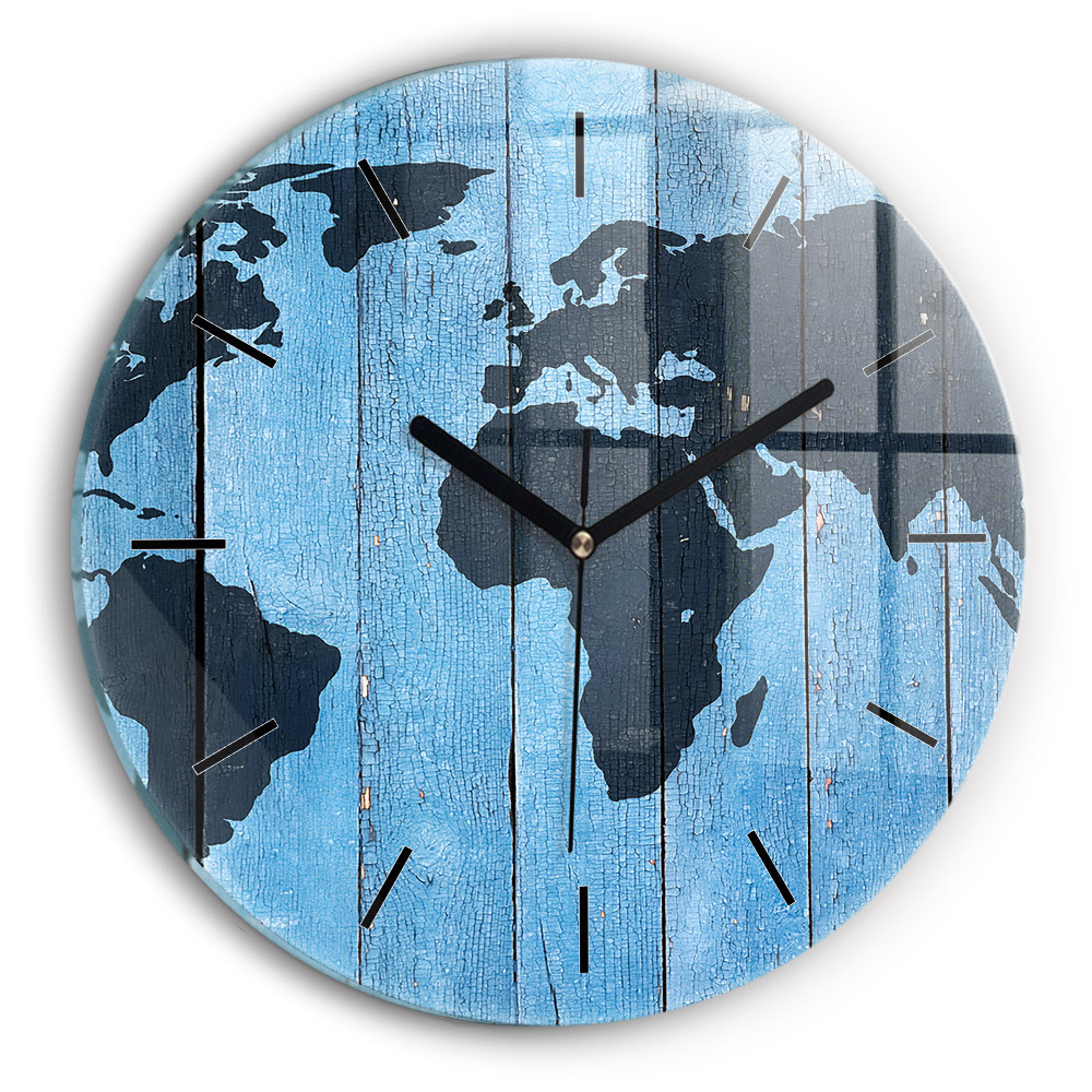 Carte du monde sur planches Horloge ronde murale