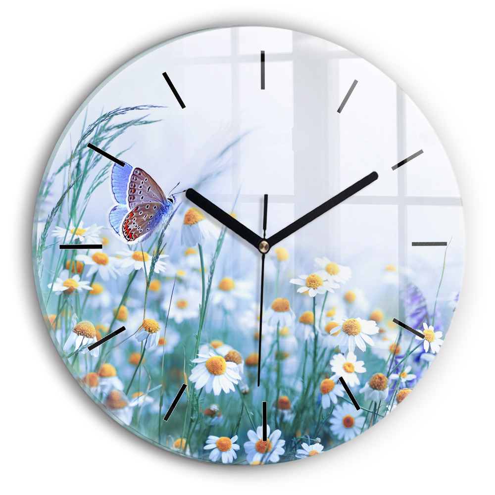 Papillon dans une prairie Horloge ronde en verre