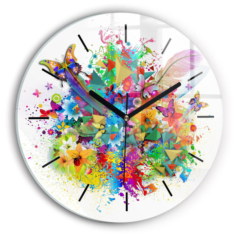 Harmonie florale avec papillons Horloge ronde en verre