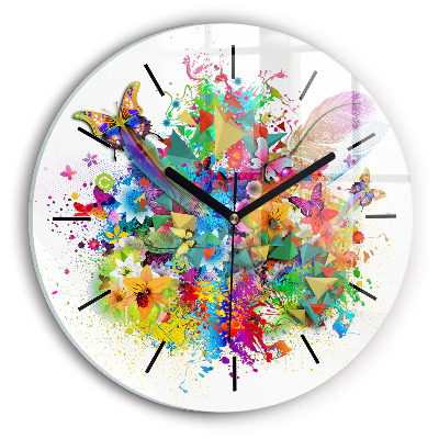 Harmonie florale avec papillons Horloge ronde en verre