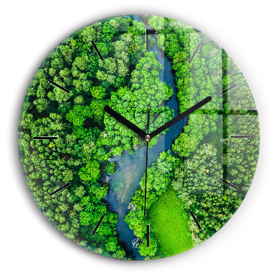 Rivière dans une forêt Horloge ronde en verre