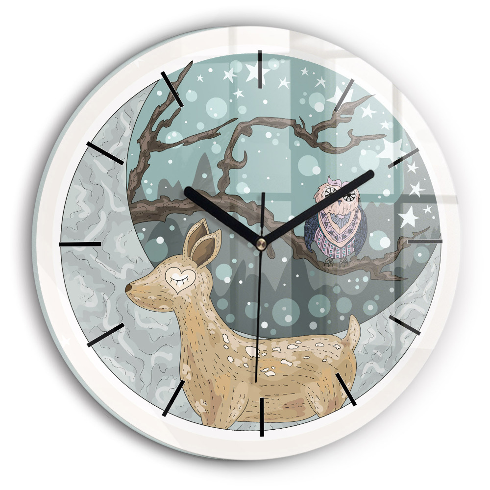 Animaux nocturnes et lune Horloge ronde en verre
