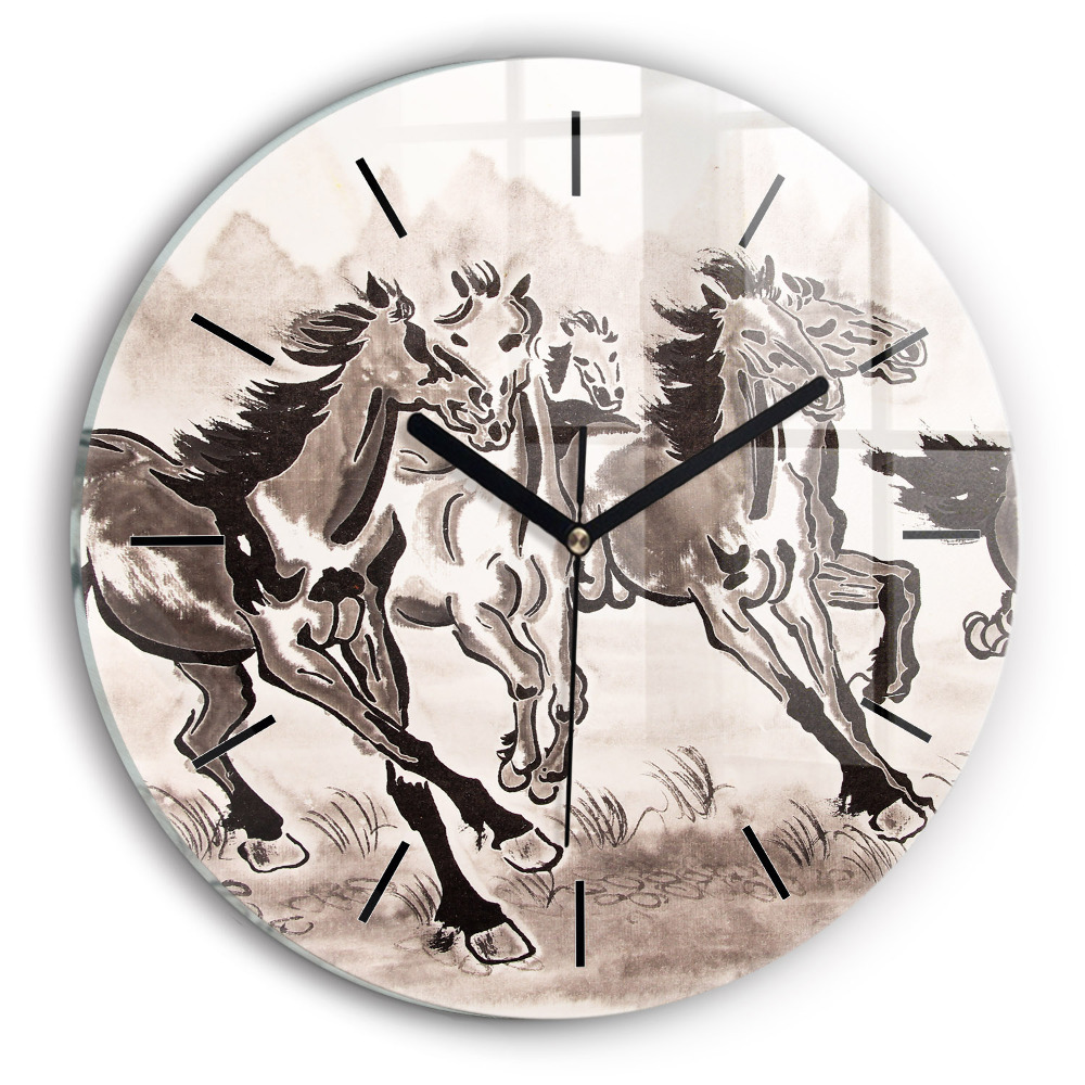 Chevaux au galop Horloge ronde en verre