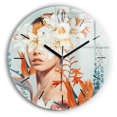 Femme avec des fleurs Horloge ronde en verre