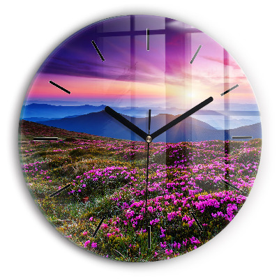 Lever de soleil et fleurs Horloge ronde en verre
