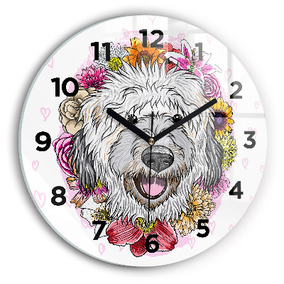 Horloge ronde murale Chien heureux dans les fleurs