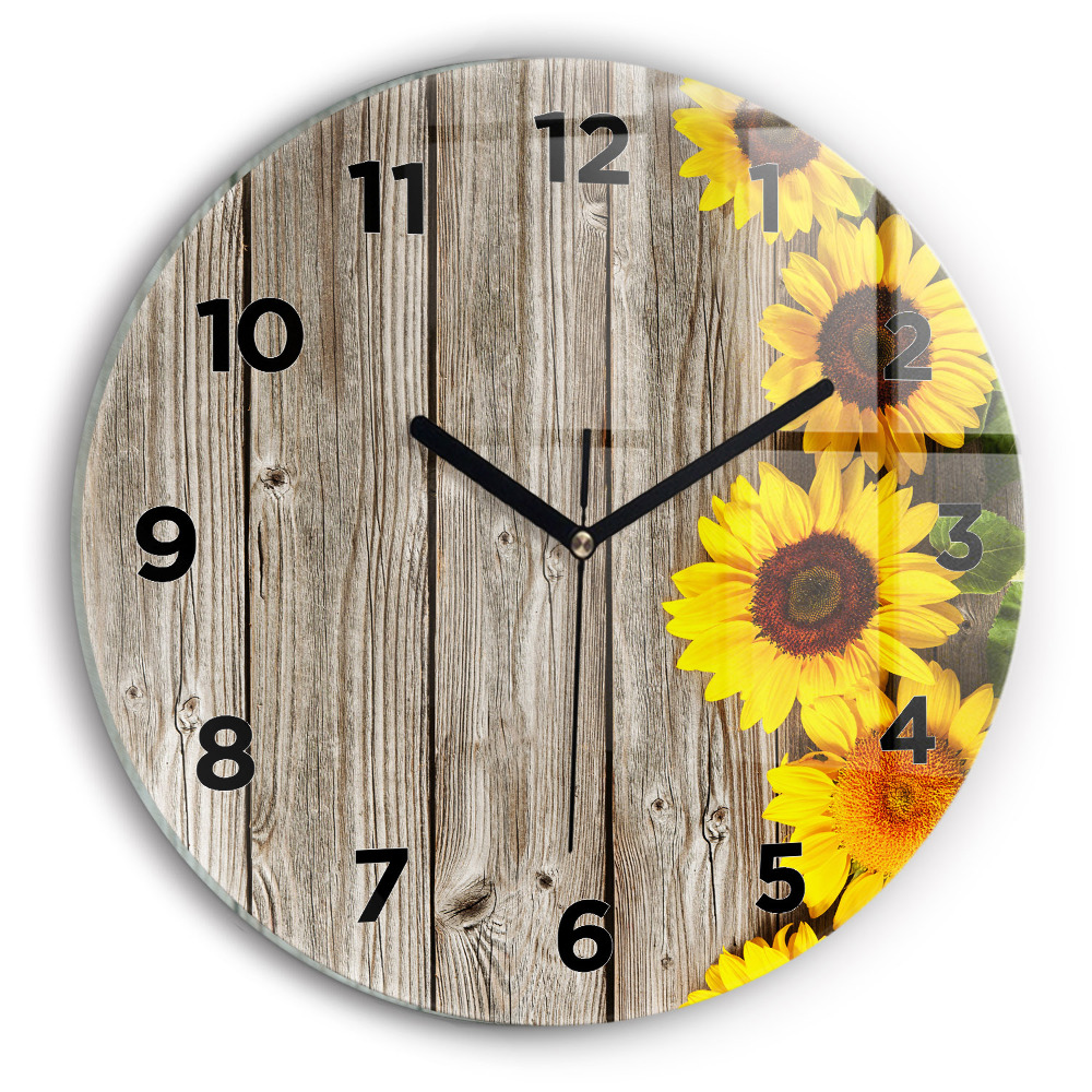 Horloge ronde en verre Tournesols sur planches