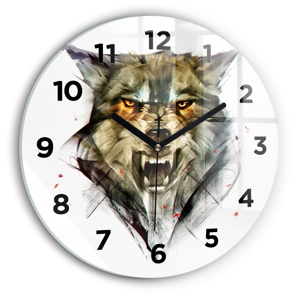 Horloge ronde en verre Portrait dessiné d'un loup