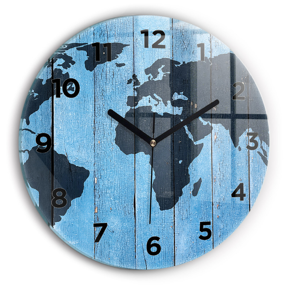 Horloge ronde murale Carte du monde sur planches