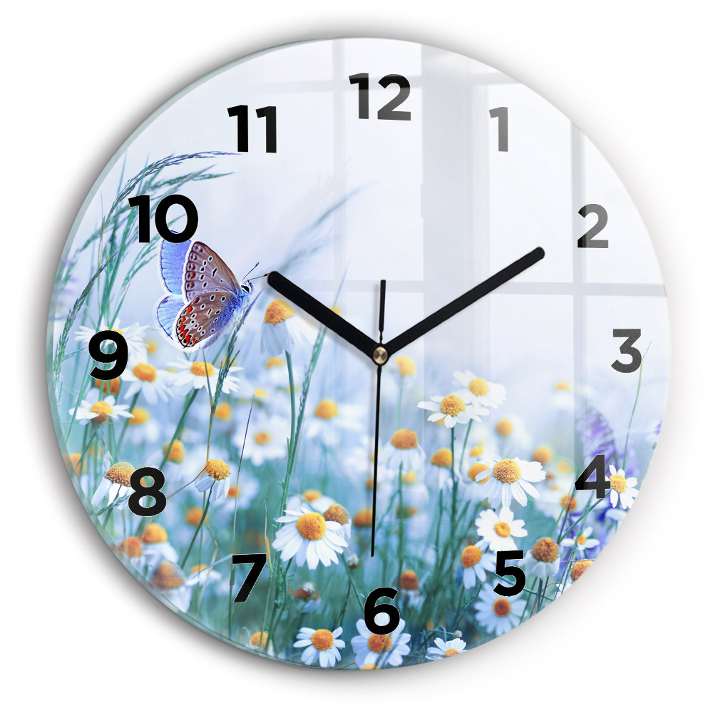 Horloge ronde en verre Papillon dans une prairie