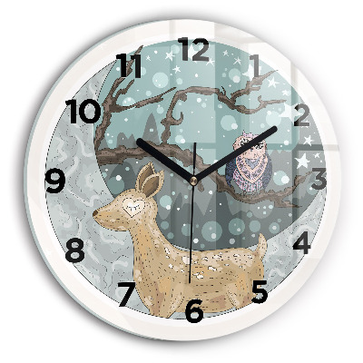 Horloge ronde en verre Animaux nocturnes et lune