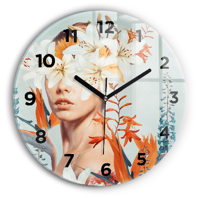 Horloge ronde en verre Femme avec des fleurs