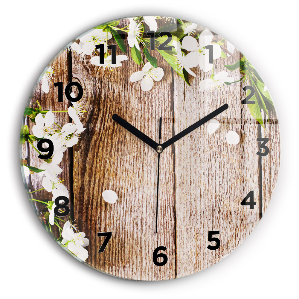 Horloge ronde en verre Fleurs sur bois