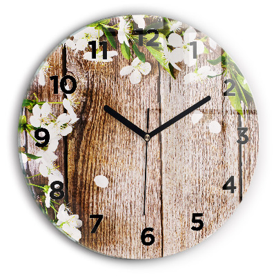 Horloge ronde en verre Fleurs sur bois
