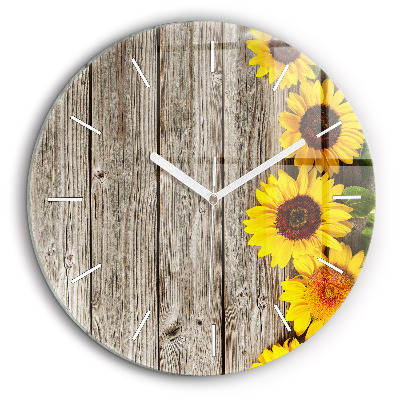 Horloge ronde en verre 60 cm Tournesols sur planches
