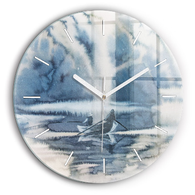 Horloge ronde en verre 60 cm Lac d'hiver Bateau