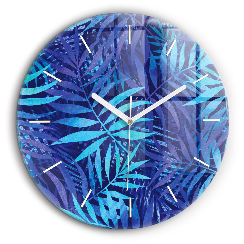 Horloge ronde en verre 60 cm Feuilles bleues