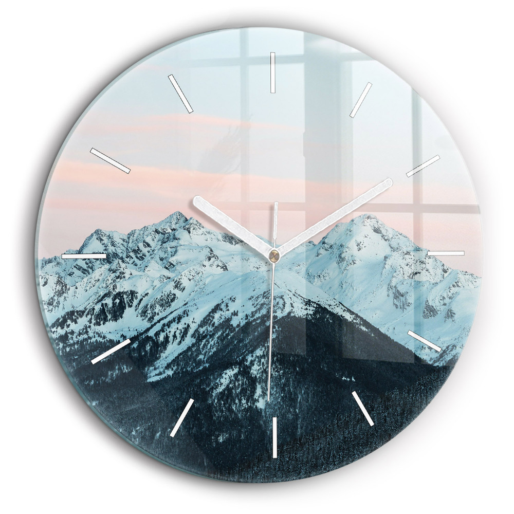 Horloge ronde en verre 60 cm Chaîne de montagnes en hiver