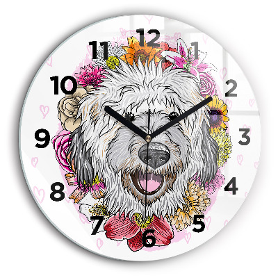 Chien heureux dans les fleurs Horloge ronde murale 60 cm