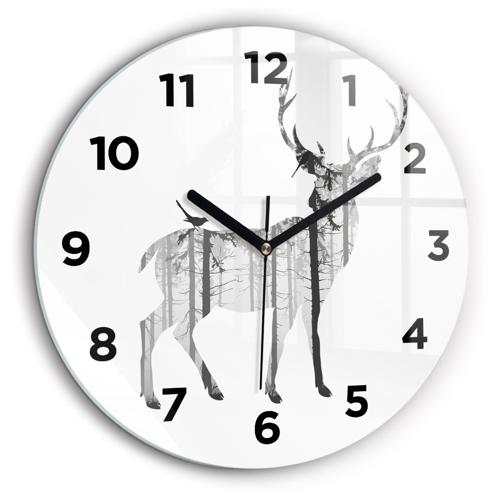 Silhouette d'un cerf Forêt Horloge ronde en verre 60 cm