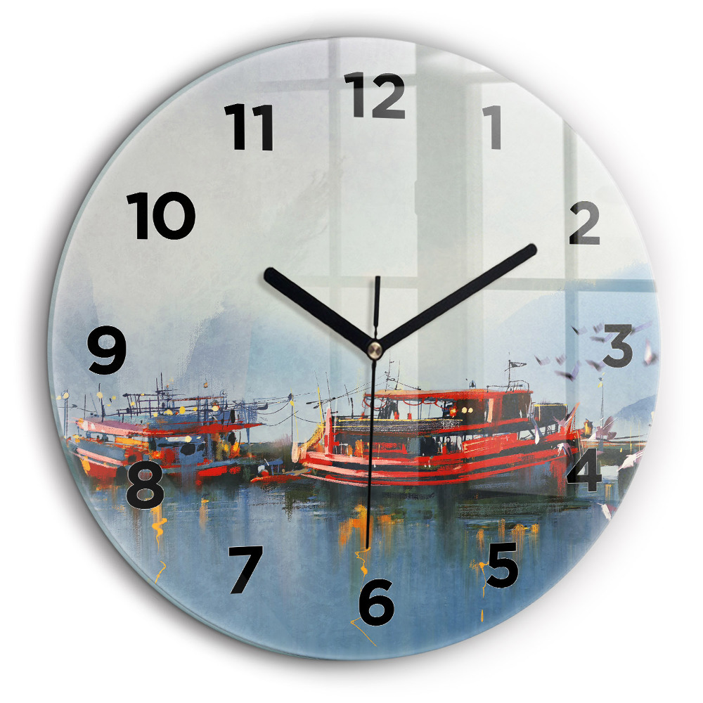 Bateau de pêche dans le port Horloge ronde murale 60 cm