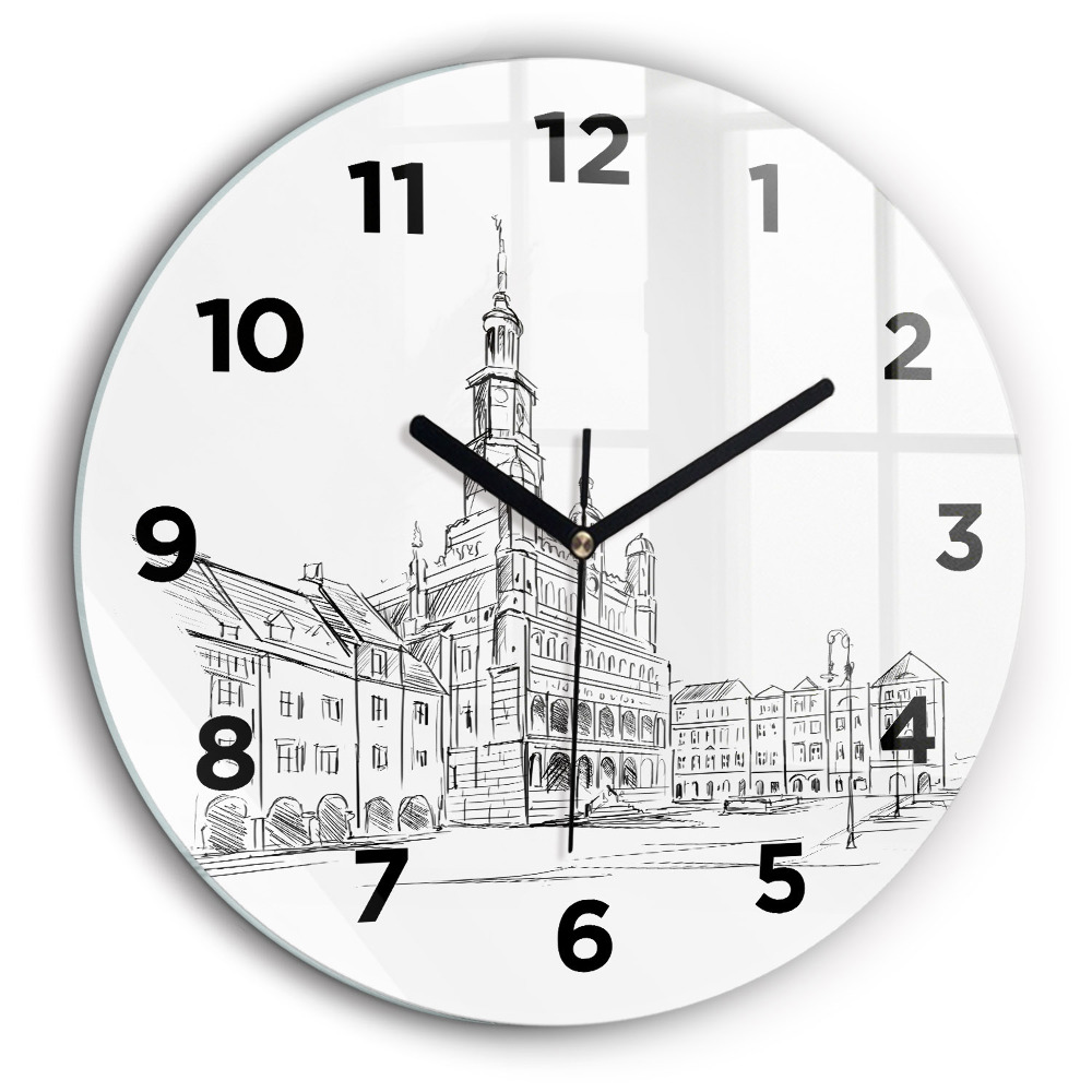 Croquis de la vieille ville de Poznań Horloge ronde en verre 60 cm