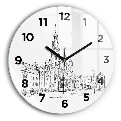 Croquis de la vieille ville de Poznań Horloge ronde en verre 60 cm