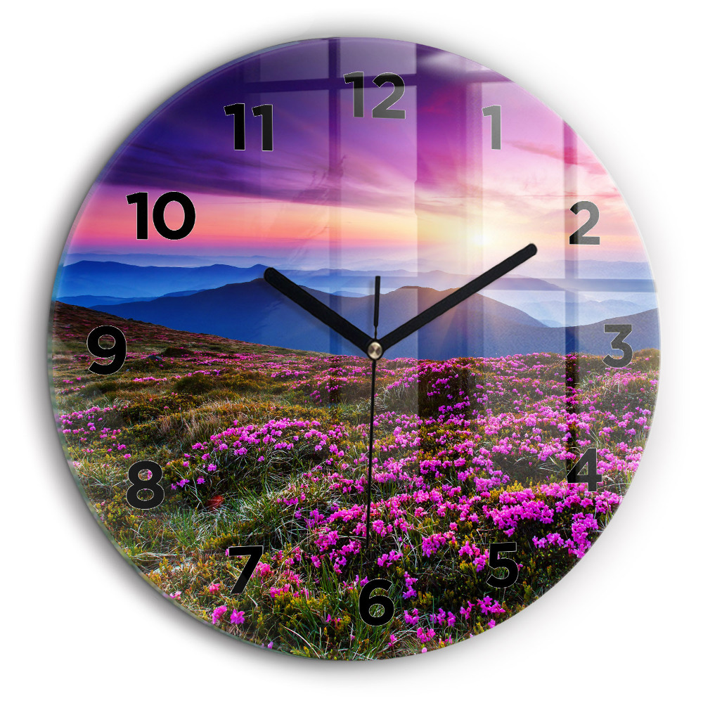 Lever de soleil et fleurs Horloge ronde en verre 60 cm