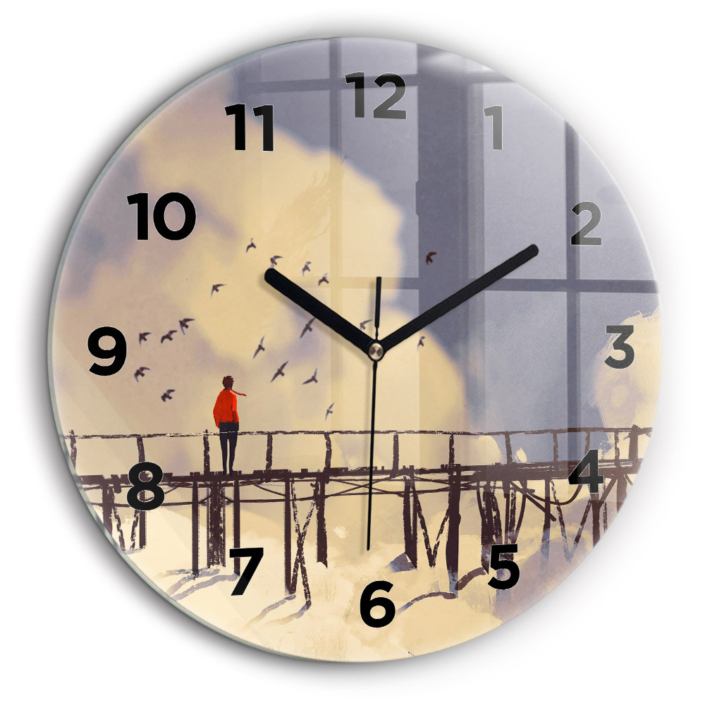 Homme sur un vieux pont Pendule murale ronde 60 cm